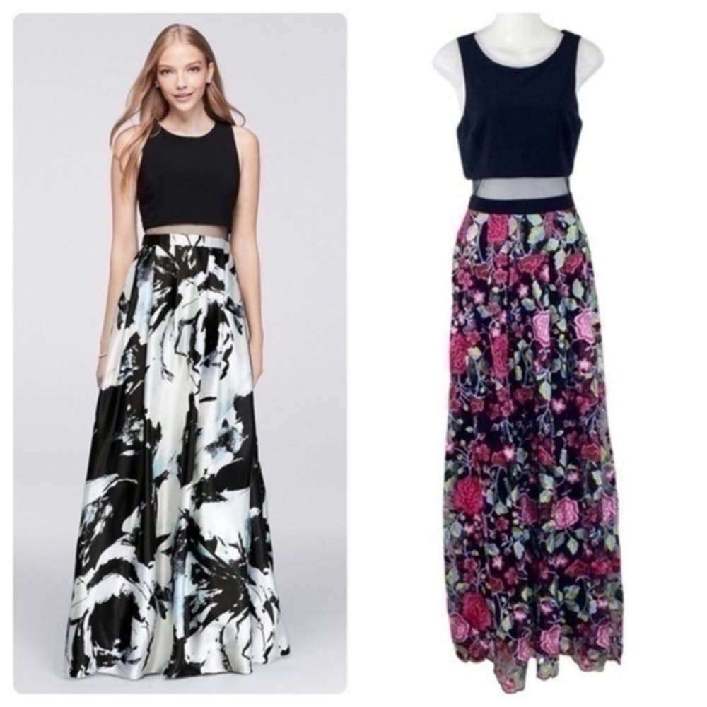 Betsy & Adam black mock 2 piece illusion pink embroidered skirt ball gown 4 L12